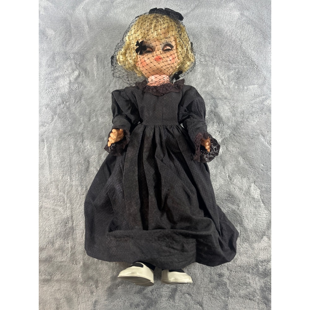 Vintage 19 Inch Mourning Doll Black Lace Gown Mesh Veil Blonde Hair White Shoes